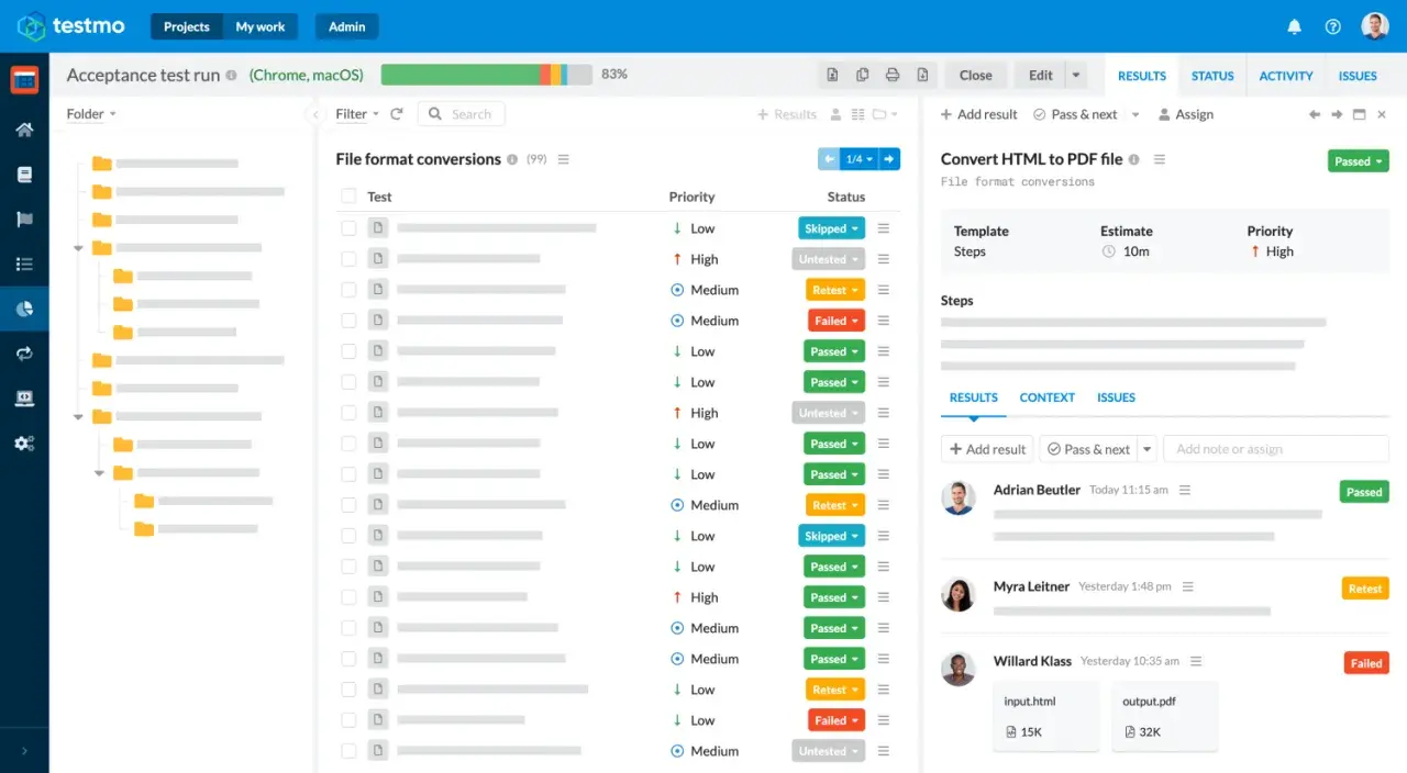 Interfejs test management tools pokazuje listę testów z priorytetami i statusami. Widoczne są wyniki konwersji plików.