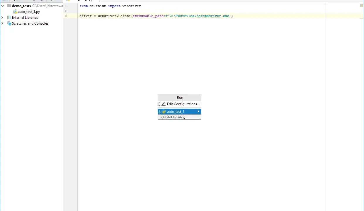 Ekran IDE PyCharm z otwartym plikiem Pythona i menu uruchamiania testów.