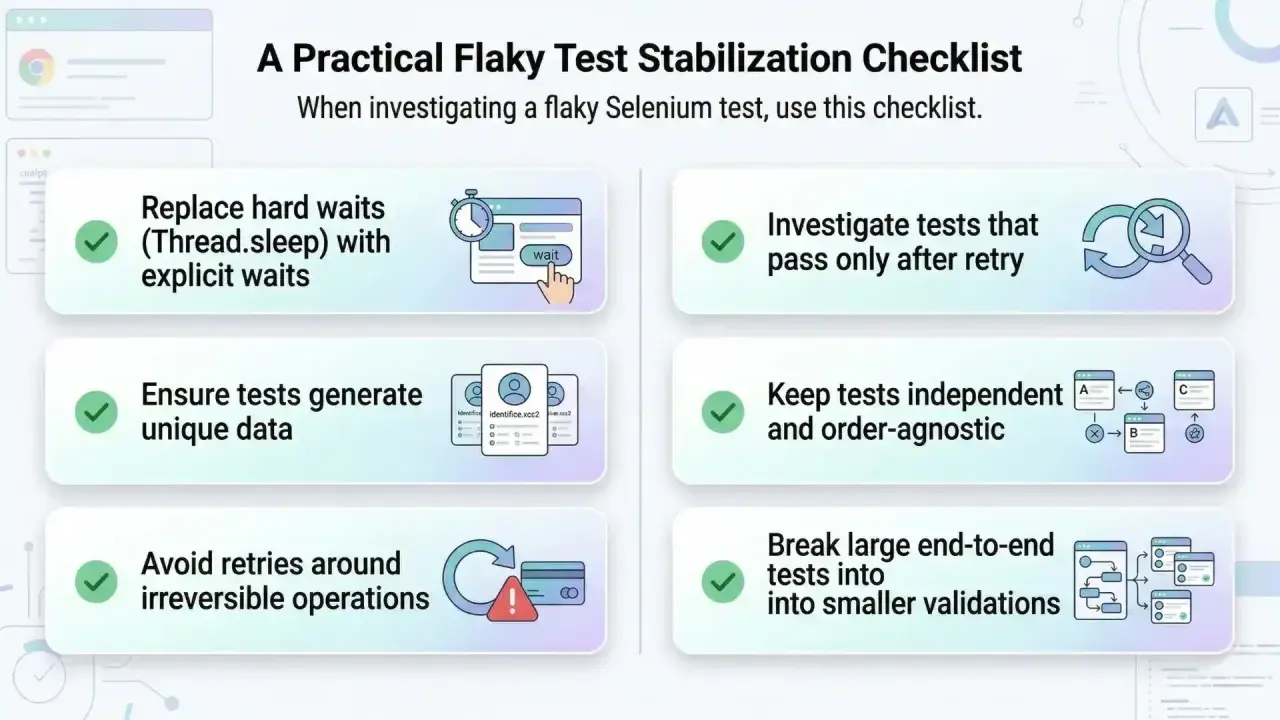Lista kontrolna stabilizacji niestabilnych testów Selenium: zastąp `Thread.sleep` przez `selenium wait` (jawne oczekiwanie), generuj unikalne dane, unikaj ponownych prób przy operacjach nieodwracalnych.