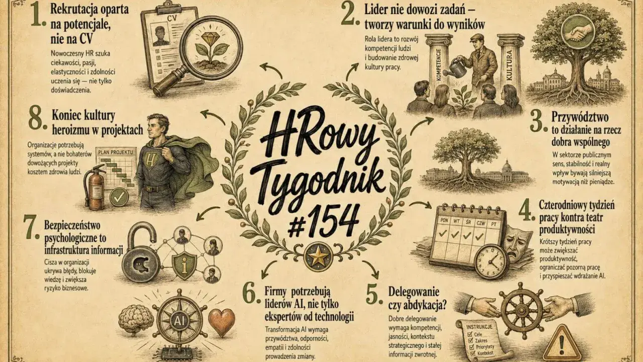 Grafika z HR-owym tygodnikiem #154. Lista tematów: rekrutacja na potencjał, lider tworzy warunki, przywództwo dla dobra wspólnego, 4-dniowy tydzień pracy, delegowanie, liderzy AI, bezpieczeństwo psychologiczne, koniec kultury heroizmu.