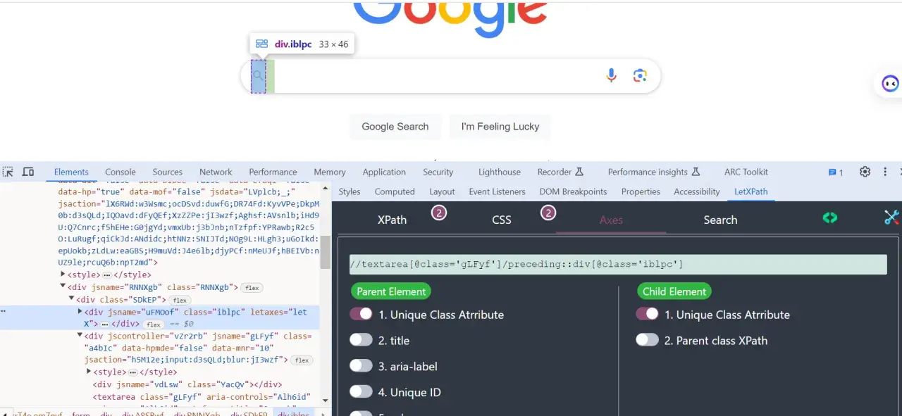 Narzędzie LetXPath w Chrome pokazuje, jak znaleźć element za pomocą **chrome xpath**. Widzimy fragment kodu HTML i wygenerowany selektor.