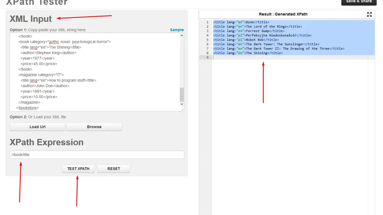 Narzędzie do testowania XPath z przykładowym XML i wynikami. Użyj tego **xpath cheatsheet** do ekstrakcji tytułów książek.