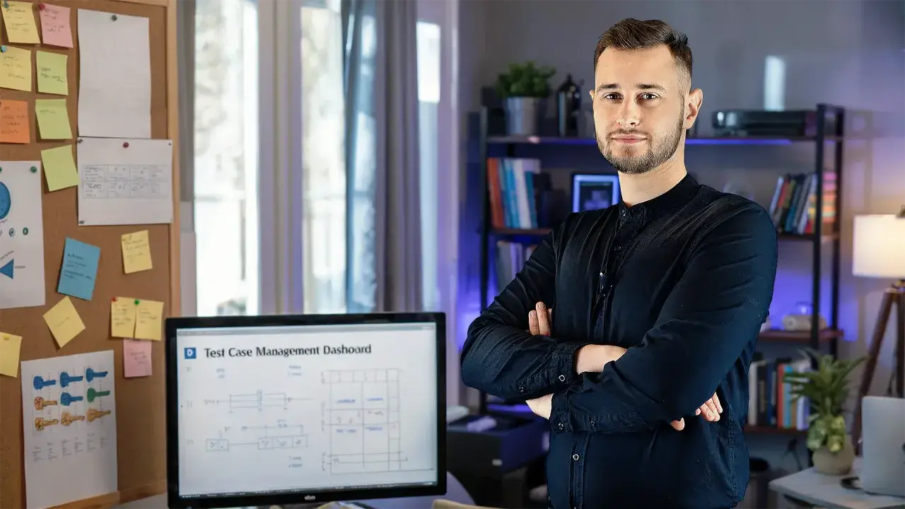 Mężczyzna w czarnej koszuli stoi obok biurka z monitorem wyświetlającym dashboard zarządzania testami. Tablica z notatkami i schematami podkreśla jego zaangażowanie w **quality engineering**.