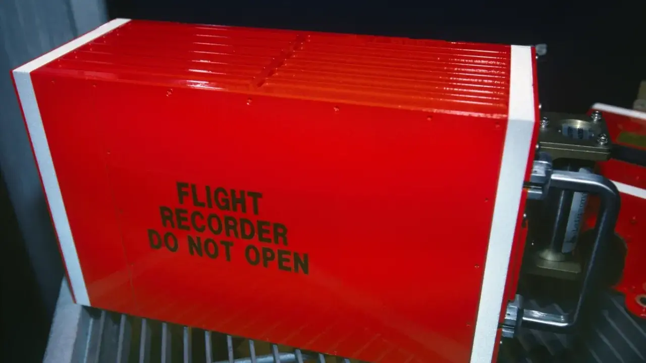 Czerwony, jaskrawy rejestrator lotu, znany jako czarna skrzynka inaczej, z napisem "FLIGHT RECORDER DO NOT OPEN".