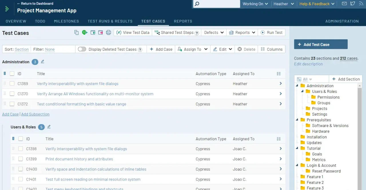 Zarządzanie przypadkami testowymi w aplikacji Project Management App. Widok "Test Cases" pokazuje listę testów, ich ID, tytuł, typ automatyzacji i przypisaną osobę. To jest właśnie **testrail co to** jest za narzędzie.
