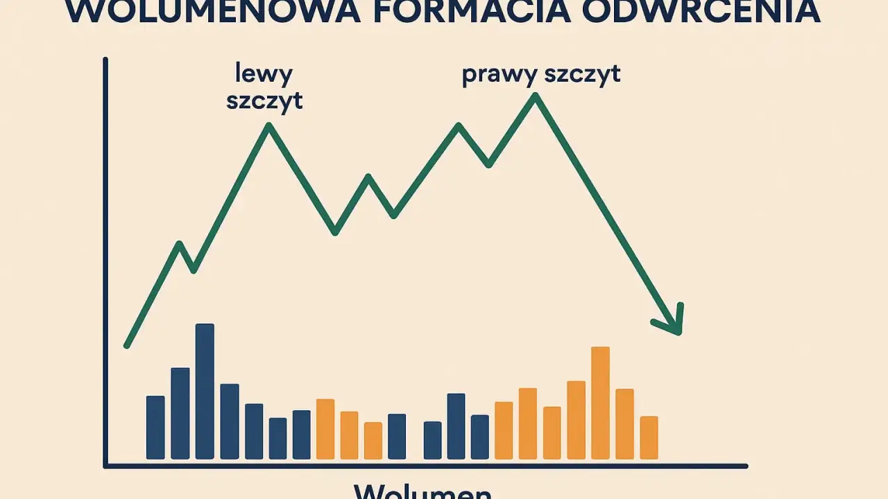 Wykres formacji odwrócenia z lewym i prawym szczytem, ilustrujący analizę wolumenu w **test environment**.