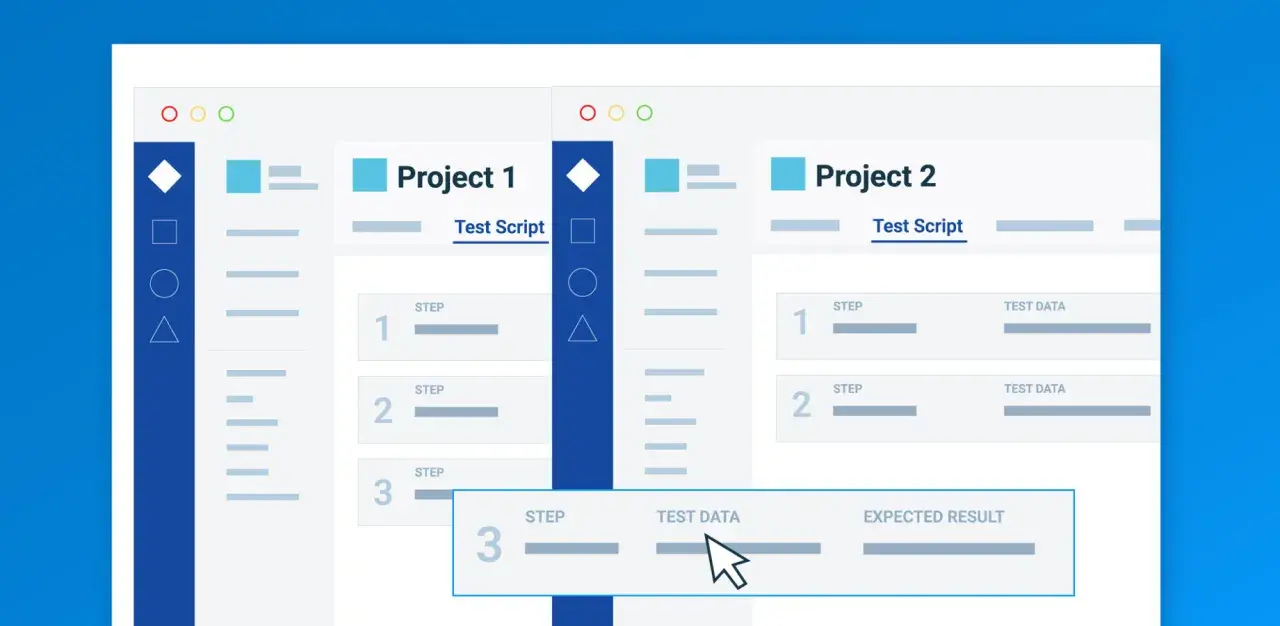 Zarządzanie testami w Zephyr Jira: dwa projekty, skrypty testowe i dane wejściowe.