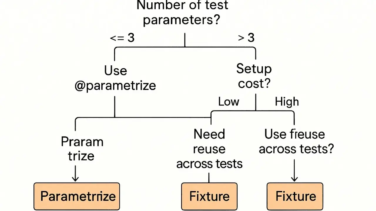 Diagram decyduje, kiedy użyć pytest parametrize, a kiedy fixture. Gdy parametrów jest mało, stosujemy @parametrize. Przy większej liczbie parametrów i niskim koszcie setupu, rozważamy fixture.