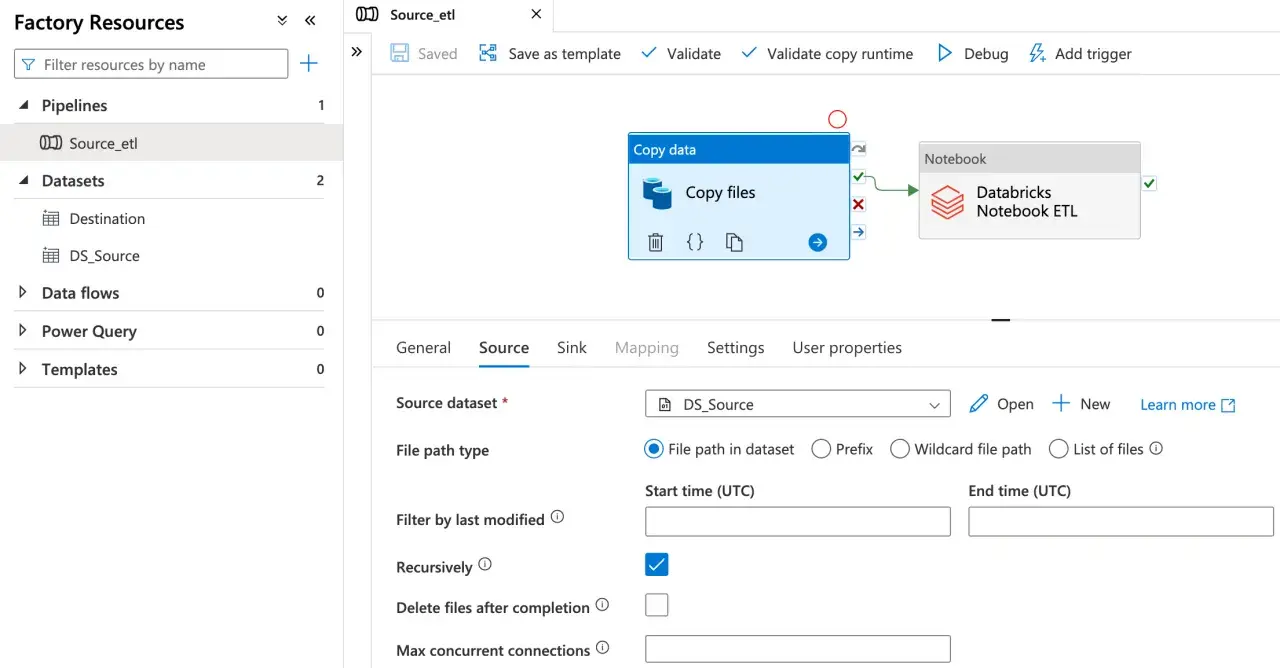 Widok interfejsu Azure Data Factory z pipeline'em ETL, kopiowaniem danych i notatnikiem Databricks.