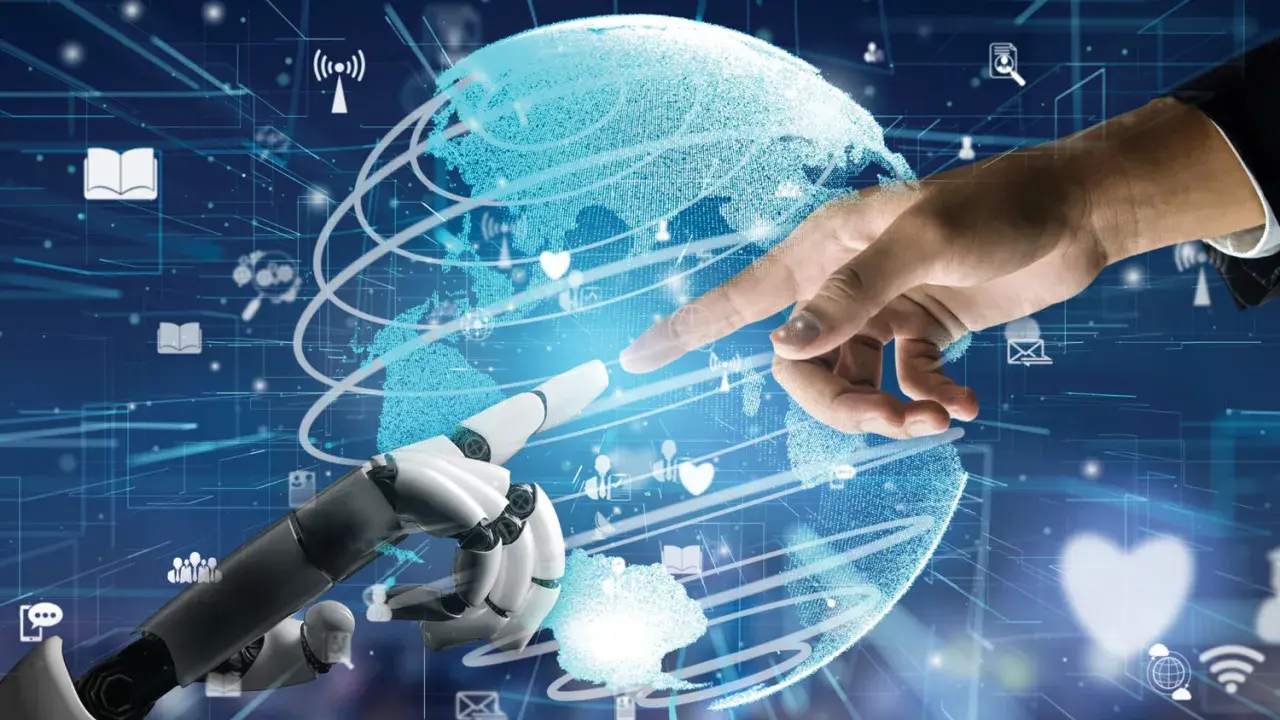 Ręka człowieka i robot zbliżają się do cyfrowej kuli ziemskiej, symbolizując współpracę w świecie technologii. To wizja przyszłości, gdzie spa single page application integruje globalne dane.