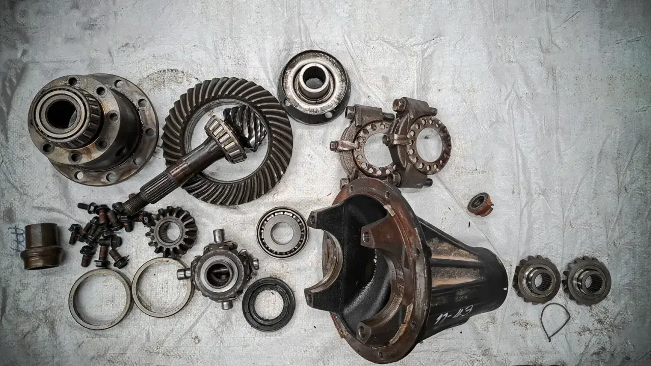 Rozłożony mechanizm różnicowy, widoczne koła zębate, łożyska i obudowa. Może to być wada usterka lub przygotowanie do naprawy.
