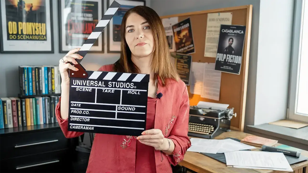 Kobieta z klapsem filmowym, tło z plakatami filmowymi i maszyną do pisania. To świetny test case example dla twórców filmowych.