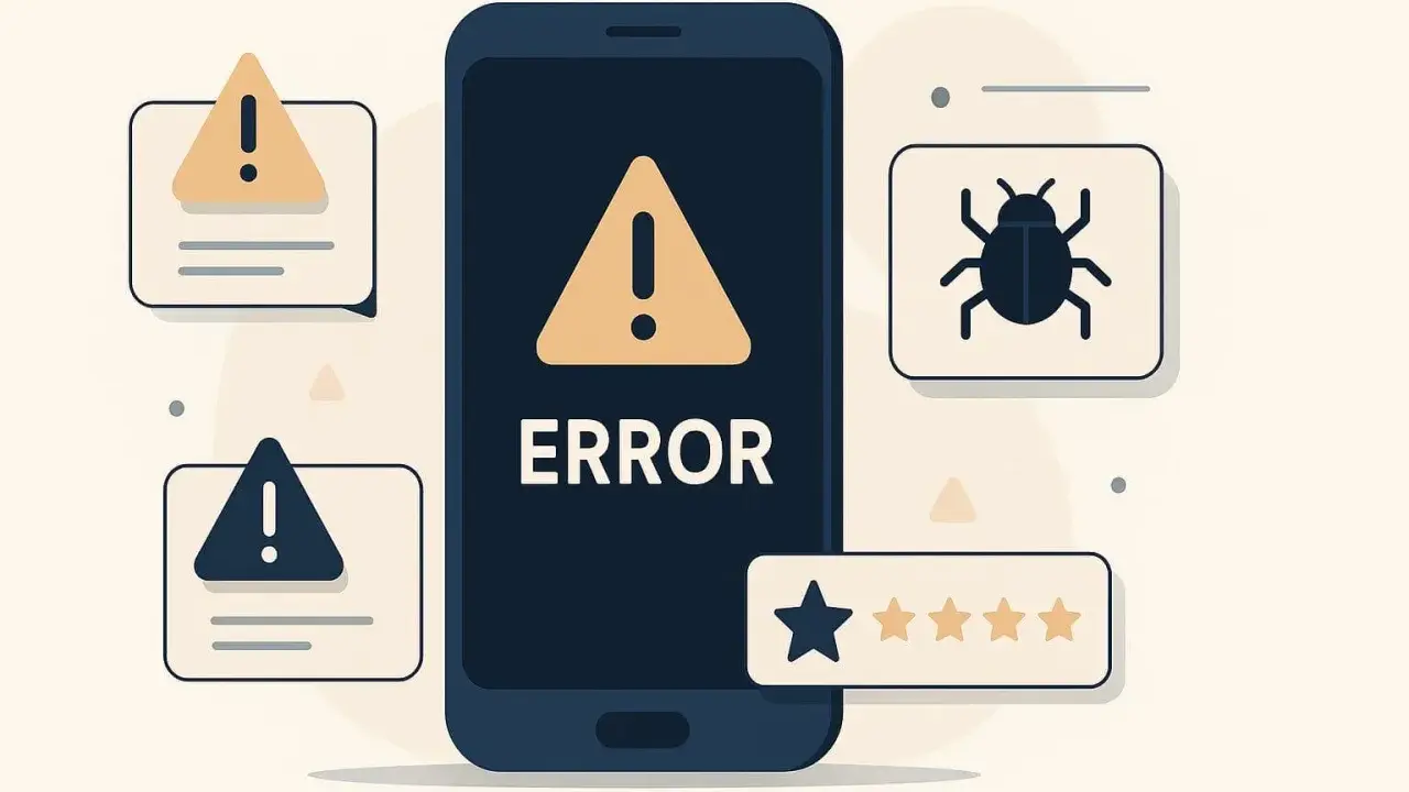 Telefon z napisem ERROR, ikony błędów, robaka i ocen. Ilustracja symbolizuje testy niefunkcjonalne aplikacji.