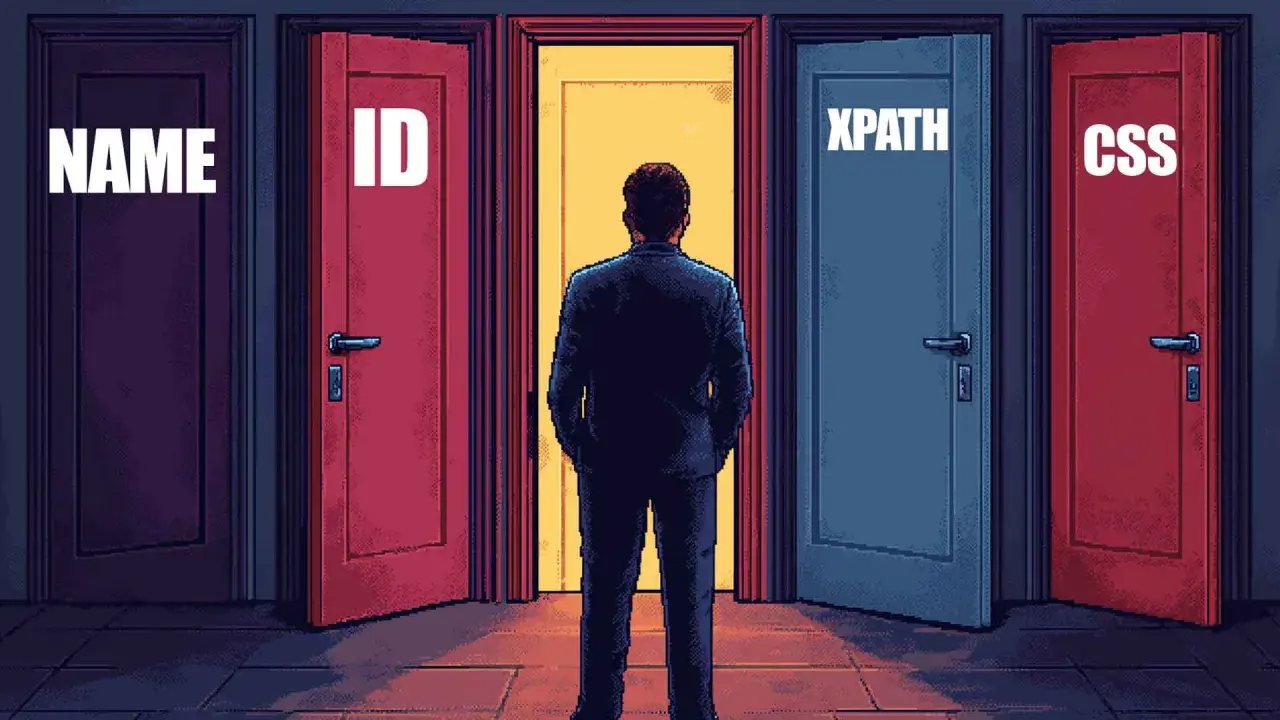Mężczyzna stoi przed drzwiami: NAME, ID, CSS i **xpath**. Którą ścieżkę wybierze?