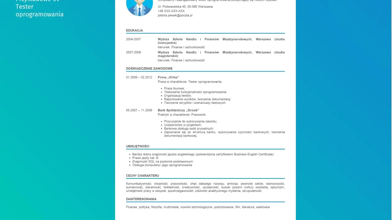 CV tester oprogramowania: Jolanta Piesek, skrupulatny tester oprogramowania, z doświadczeniem w testowaniu funkcjonalności i tworzeniu scenariuszy.