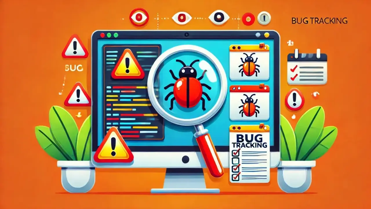 Grafika przedstawia proces śledzenia błędów (bug tracking) w informatyce. Na ekranie komputera widać lupę powiększającą czerwonego robaka, symbolizującego błąd. Wokół wyświetlane są ostrzeżenia i lista zadań do wykonania.