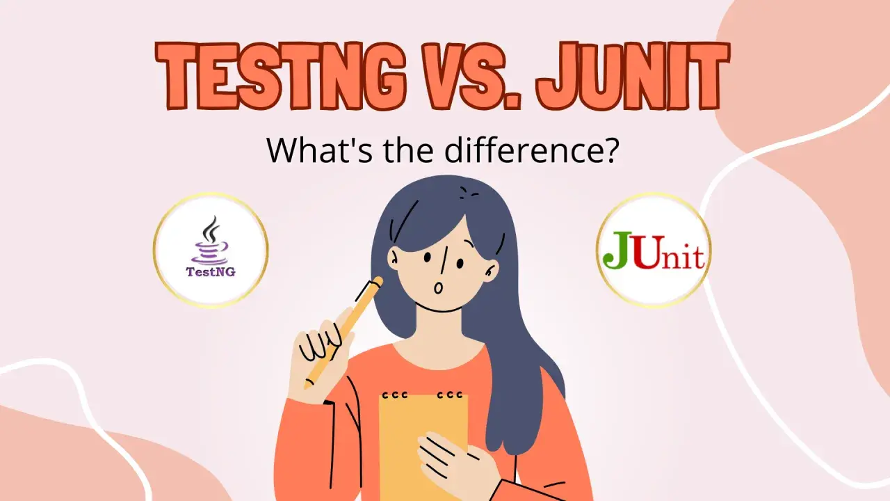 Ilustracja porównująca TestNG i JUnit, z dziewczyną trzymającą ołówek i notatnik.