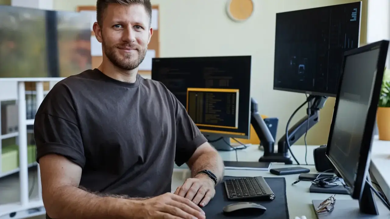 Uśmiechnięty qa engineer siedzi przy biurku z wieloma monitorami, gotowy do testowania oprogramowania.
