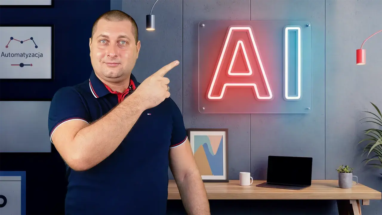 Mężczyzna wskazuje na neonowe logo AI, sugerując rozpoczęcie kursu QA z naciskiem na sztuczną inteligencję.