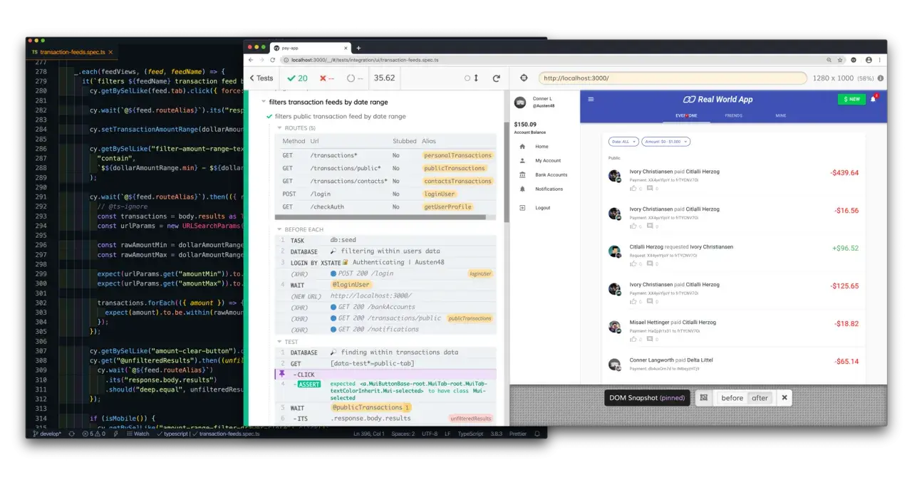 Testy aplikacji "Real World App" pokazują **cypress real events** w kodzie i interfejsie, filtrując transakcje po dacie i kwocie.