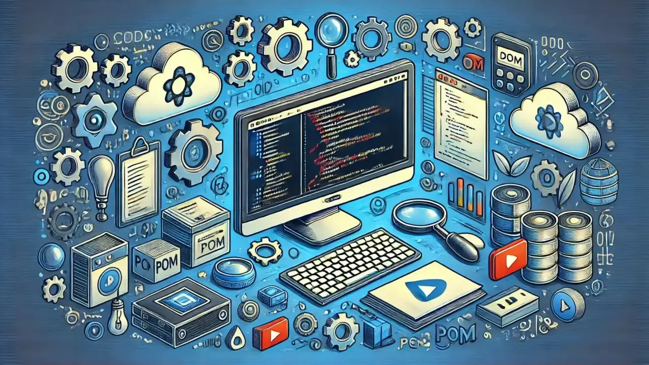 Narzędzia programistyczne, chmury, kod na ekranie i ikony symbolizujące page object pattern.