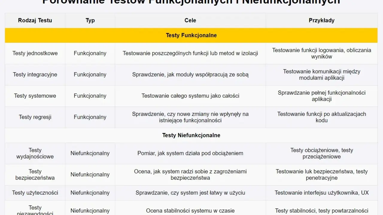 Tabela porównująca testy funkcjonalne i niefunkcjonalne, ich cele i przykłady.