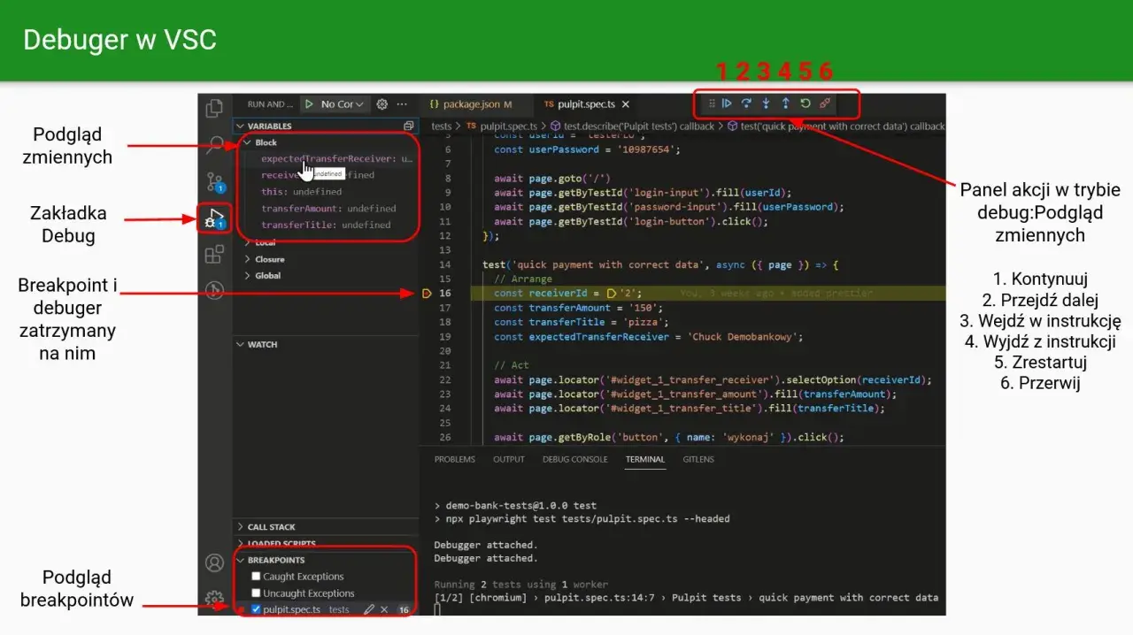 Debugger w VS Code. Widok zmiennych, zakładka Debug, breakpoint i kod testu. Test script w trakcie wykonywania.