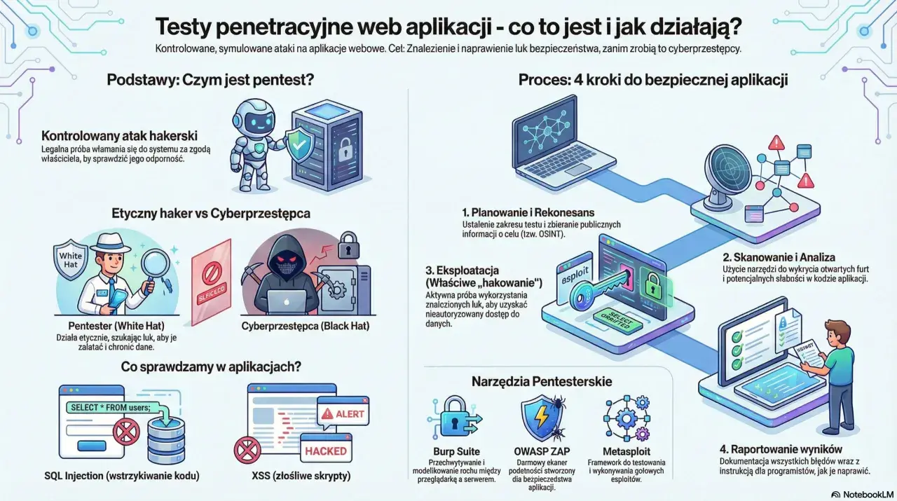 Ilustracja przedstawia proces web testing, czyli etapy pentestu: planowanie, skanowanie, eksploatację i raportowanie, z użyciem narzędzi jak Burp Suite.