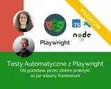 Dwie okrągłe podobizny mężczyzn, logo Playwright, ikony TS, Node.js i baner "PREMIUM".