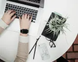 Dłonie piszą na laptopie, obok leżą okulary, telefon i roślina. Może to być błąd interfejsu, gdy coś nie działa.
