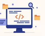 Monitor z kodem i ikonami folderów, lupa symbolizująca **cloud testing** i analizę.