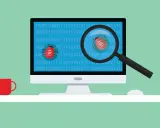 Komputer z kodem binarnym i błędami, powiększonymi lupą. To symbol testów regresji.