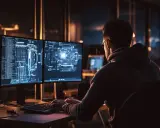 Programista w okularach, w kapturze, pochylony nad klawiaturą, wykonuje sanity check kodu na ekranach wyświetlających schematy i dane.