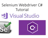 Selenium WebDriver C# Tutorial z logo Visual Studio i ikonami Selenium oraz C#.