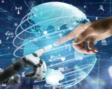Ręka człowieka i robot zbliżają się do cyfrowej kuli ziemskiej, symbolizując współpracę w świecie technologii. To wizja przyszłości, gdzie spa single page application integruje globalne dane.