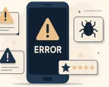 Telefon z napisem ERROR, ikony błędów, robaka i ocen. Ilustracja symbolizuje testy niefunkcjonalne aplikacji.