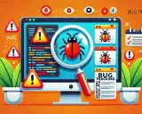 Grafika przedstawia proces śledzenia błędów (bug tracking) w informatyce. Na ekranie komputera widać lupę powiększającą czerwonego robaka, symbolizującego błąd. Wokół wyświetlane są ostrzeżenia i lista zadań do wykonania.
