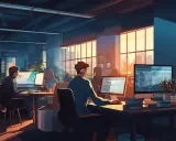 Zespół programistów pracuje w biurze, stosując metodykę acceptance test driven development. Słońce zachodzi za oknami.