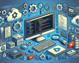 Narzędzia programistyczne, chmury, kod na ekranie i ikony symbolizujące page object pattern.
