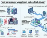 Ilustracja przedstawia proces web testing, czyli etapy pentestu: planowanie, skanowanie, eksploatację i raportowanie, z użyciem narzędzi jak Burp Suite.