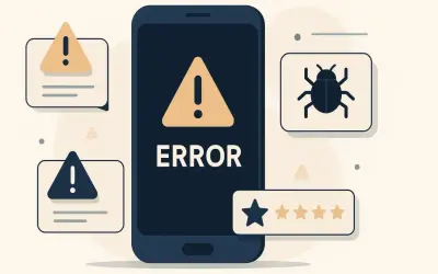 Telefon z napisem ERROR, ikony błędów, robaka i ocen. Ilustracja symbolizuje testy niefunkcjonalne aplikacji.