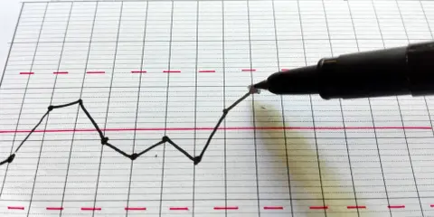 Karta Shewharta z wykresem punktów i liniami kontrolnymi. Czarny pisak zaznacza punkt na wykresie.