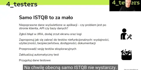 Prezentacja dla **ISTQB agile tester** podkreśla, że samo ISTQB to za mało. Wymieniono zadania testera: zgłaszanie błędów, testy niefunkcjonalne, eksploracyjne, automatyczne i przygotowanie danych.