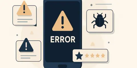Telefon z napisem ERROR, ikony błędów, robaka i ocen. Ilustracja symbolizuje testy niefunkcjonalne aplikacji.