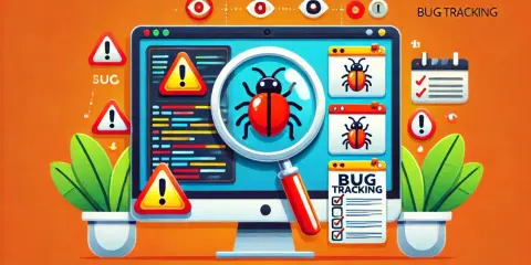 Grafika przedstawia proces śledzenia błędów (bug tracking) w informatyce. Na ekranie komputera widać lupę powiększającą czerwonego robaka, symbolizującego błąd. Wokół wyświetlane są ostrzeżenia i lista zadań do wykonania.