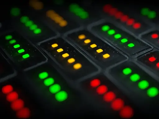Wskaźniki LED na panelu sterowania, zielone, żółte i czerwone, przypominają sukcesy testów w **pytest**.