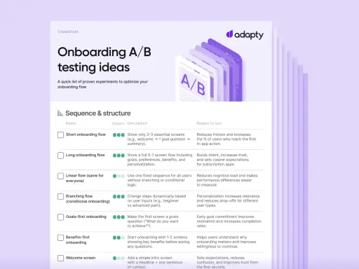 Lista kontrolna pomysłów na testy A/B onboardingu: krótkie, długie, liniowe, warunkowe, celowe, z korzyściami, ekran powitalny.