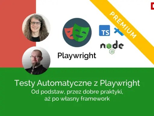 Dwie okrągłe podobizny mężczyzn, logo Playwright, ikony TS, Node.js i baner "PREMIUM".
