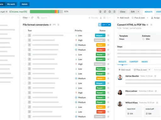 Interfejs test management tools pokazuje listę testów z priorytetami i statusami. Widoczne są wyniki konwersji plików.