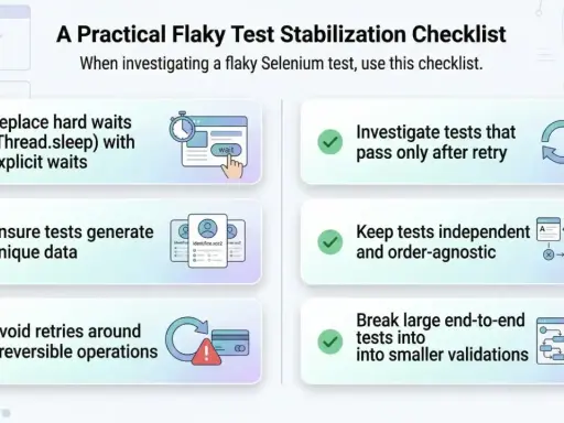 Lista kontrolna stabilizacji niestabilnych testów Selenium: zastąp `Thread.sleep` przez `selenium wait` (jawne oczekiwanie), generuj unikalne dane, unikaj ponownych prób przy operacjach nieodwracalnych.